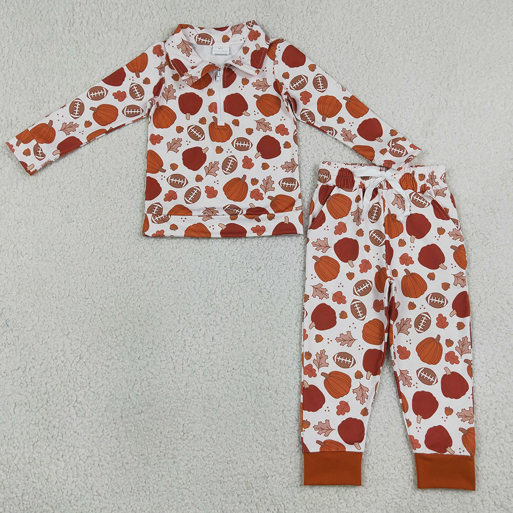 Baby Boys Clothes Football Pumpkins Zip Pullovers Pockets Jogger Pant Fall Clothes Set BLP1573