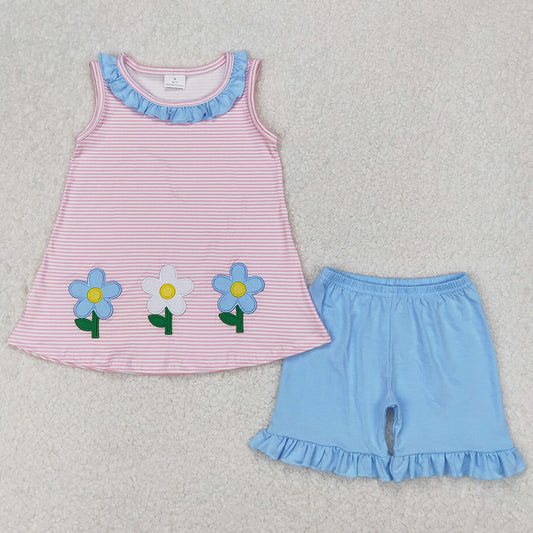 Baby Girls Clothes Pink Stripes Flowers Embroidery Tunic Ruffle Shorts Sets GSSO1895 3.25