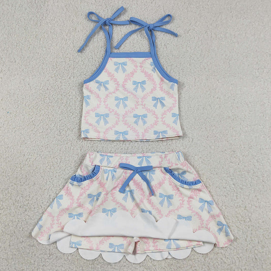 Baby Girls Clothes Strap Bow Flowers Top Scallop Pockets Skirt Short Yoga Active Clothes Sets GSD3727