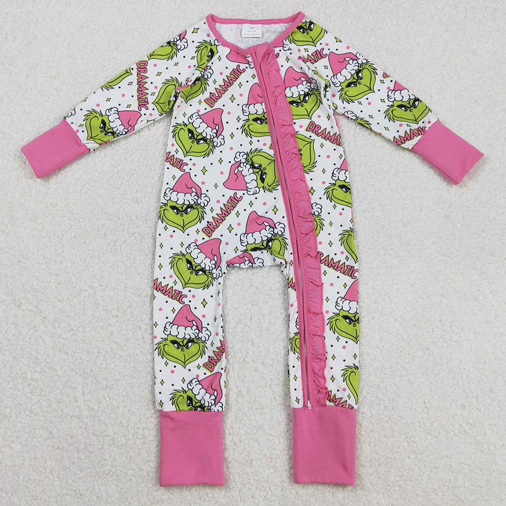 Baby Girls Rompers Green Faces Stars Ruffle Zipper Christmas Rompers LR2495 9.2