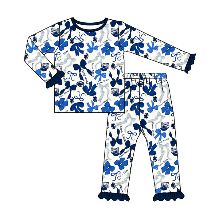 Preorder MOQ 5 Long sleeves blue bow kids girls team pajamas 8.27