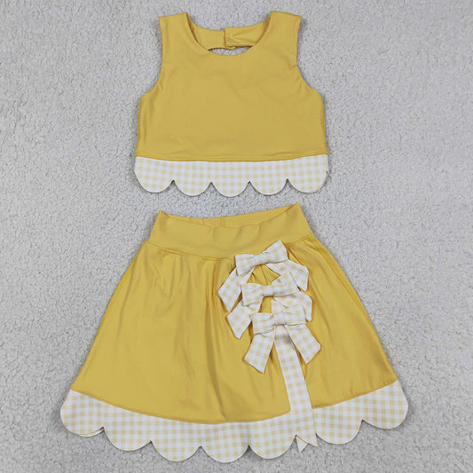 Baby Girls Dress Yellow Vest Top Bows Skirt Shorts Yoga Active Scallop Clothes Sets GSD3324
