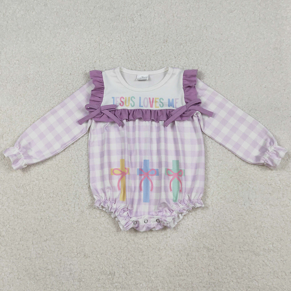 Baby Girls Rompers Lavender Checked Jesus Love Me Cross Ruffle Rompers LR2740 10.14