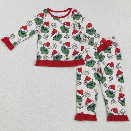 Baby Girls Pajamas Christmas Green Face Flowers Top Pants Sleepwear Set GLP2635 9.2