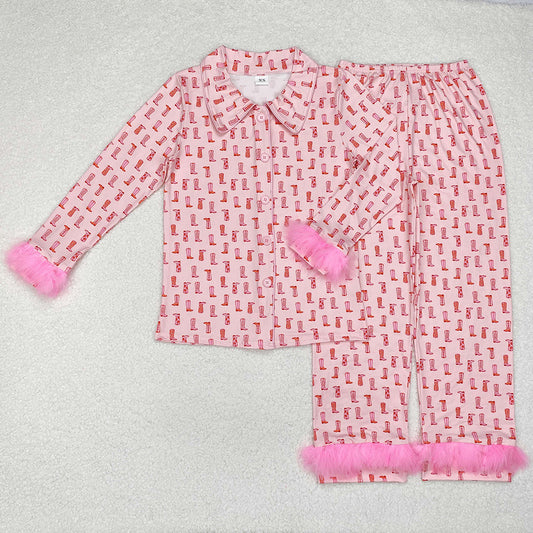 Adult Women Pajamas Western Pink Boots Fur Tops Pants Pajamas GLP1869