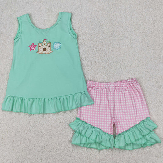 Baby Girls Clothes Castle Star Bows Embroidery Tunic Ruffle Shorts Sets GSSO1983
