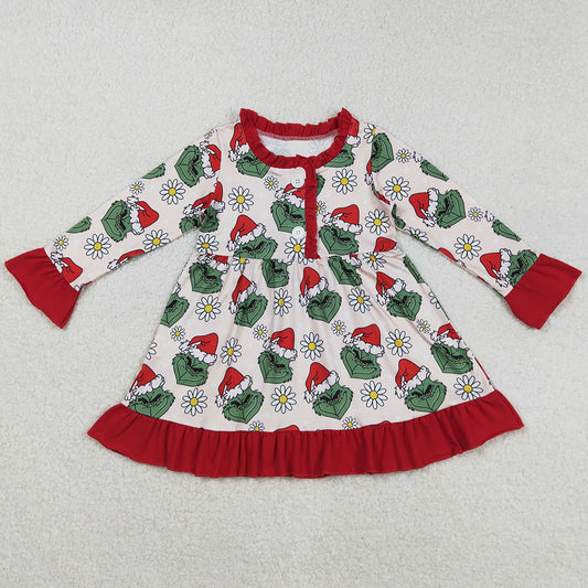 Baby Girls Dress Button Christmas Green Face Flowers Knee Length Dress GLD1230 9.2