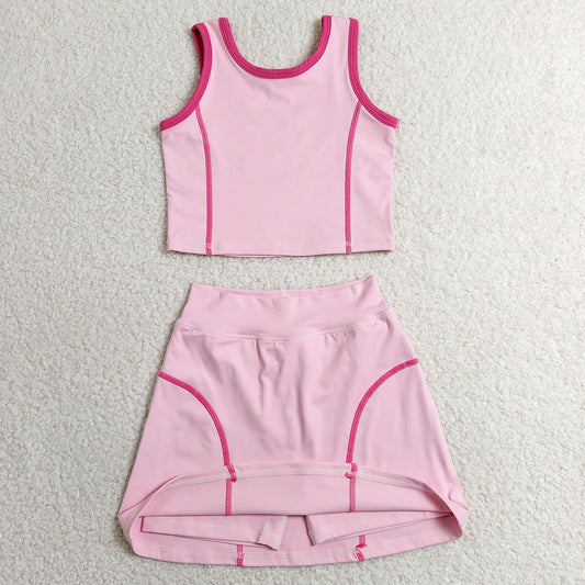Baby Girls Clothes Pink Sleeveless Vest Top Skirt Shorts Yoga Active Clothes Set GSD2675