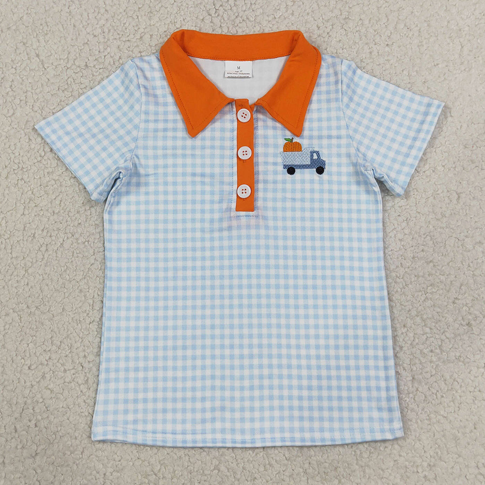 Baby Boys Clothes Embroidery Pumpkin Blue Checked Truck Fall Button Polo Shirts Top BT1890