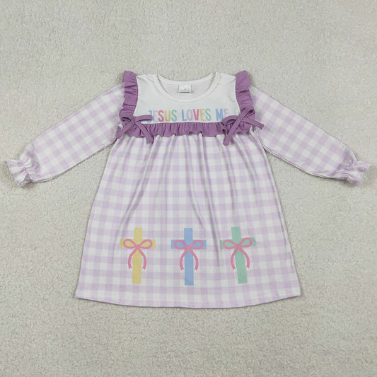 Baby Girls Dress Lavender Checked Jesus Love Me Cross Knee Length Dresses GLD1356 11.1