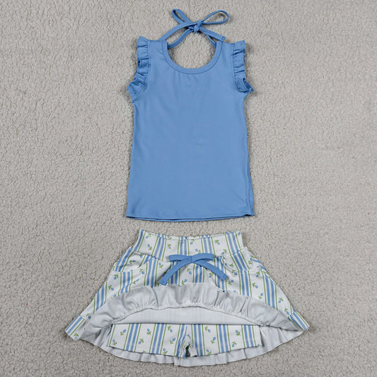 Baby Girls Clothes Blue Sleeveless Top Flowers Skirt Shorts Yoga Active Clothes Set GSD3906