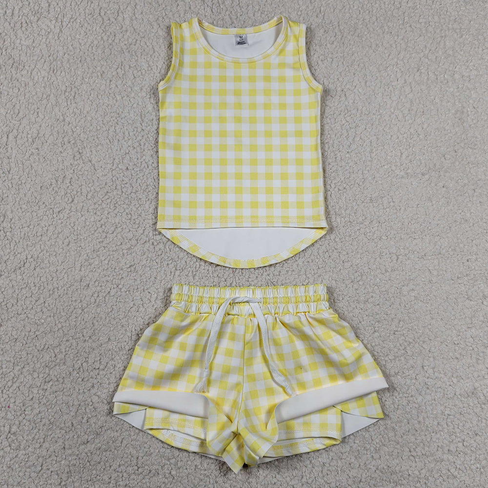 Baby Girls Clothes Yellow Checked Vests Top Butterfly Short Yoga Active Clothes Set GSSO3475