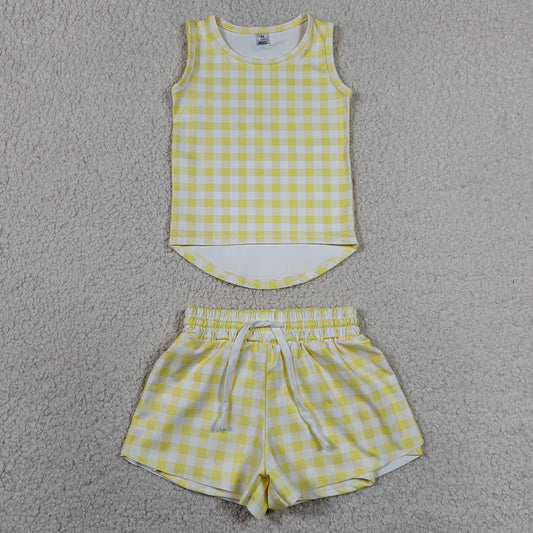 Baby Girls Clothes Yellow Checked Vests Top Butterfly Short Yoga Active Clothes Set GSSO3475