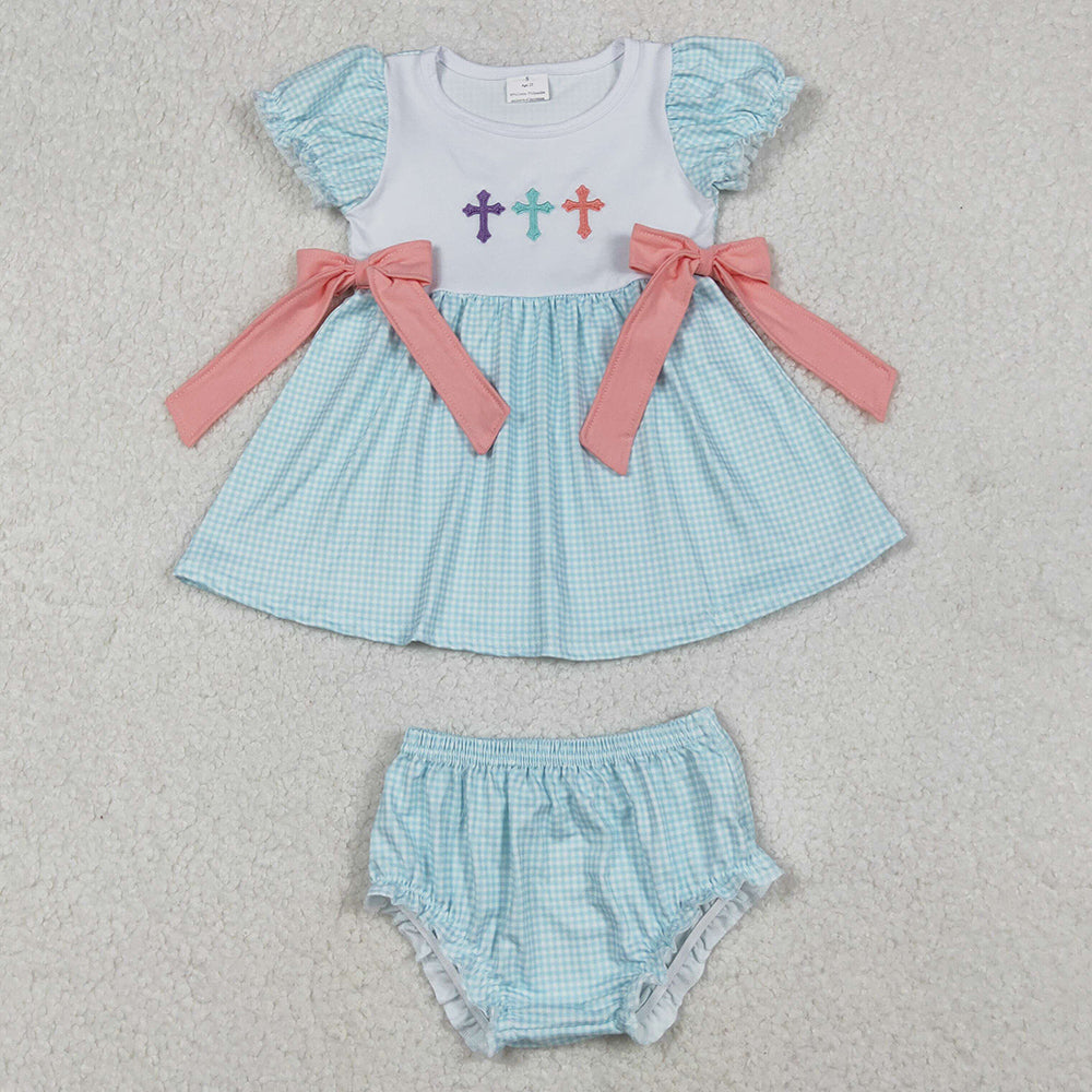 Baby Girls Clothes Embroidery Crosses Bows Tunic Bummies Easter Clothes Sets GBO0480 11.1
