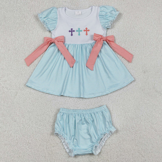 Baby Girls Clothes Embroidery Crosses Bows Tunic Bummies Easter Clothes Sets GBO0480 11.1