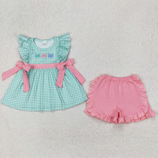 Baby Girls Clothes Crabs Embroidery Checkered Shirts Shorts Sets BSSO1279 GSSO2107