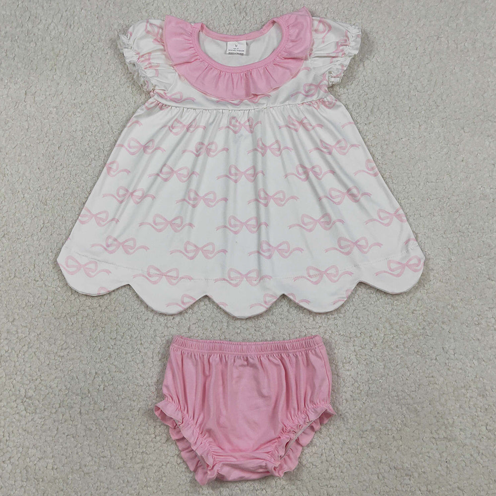 Baby Girls Clothes Pink Bows Collar Scallop Tunic Bummies Clothes Sets GBO0501