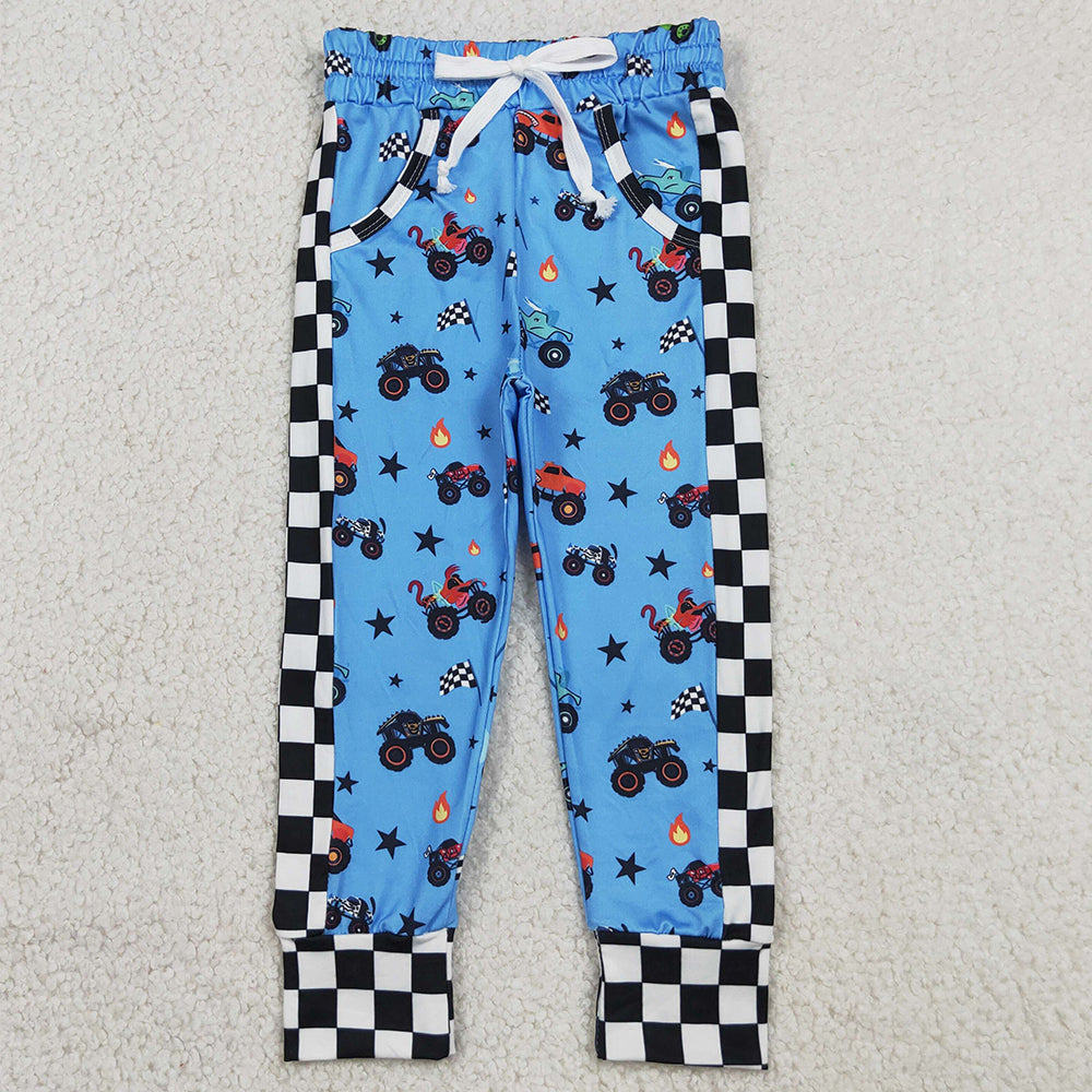 Baby Boys Pants Hot Blue Motor Cars Flags Pockets Jogger Pants Bottom P0950