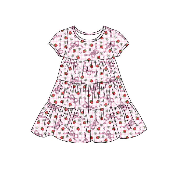Preorder(moq 5) Baby Girls Bows Strawberry Checked Patchwork Ruffle Knee Length Dresses 11.14