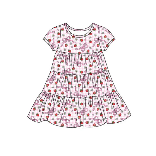 Preorder(moq 5) Baby Girls Bows Strawberry Checked Patchwork Ruffle Knee Length Dresses 11.14