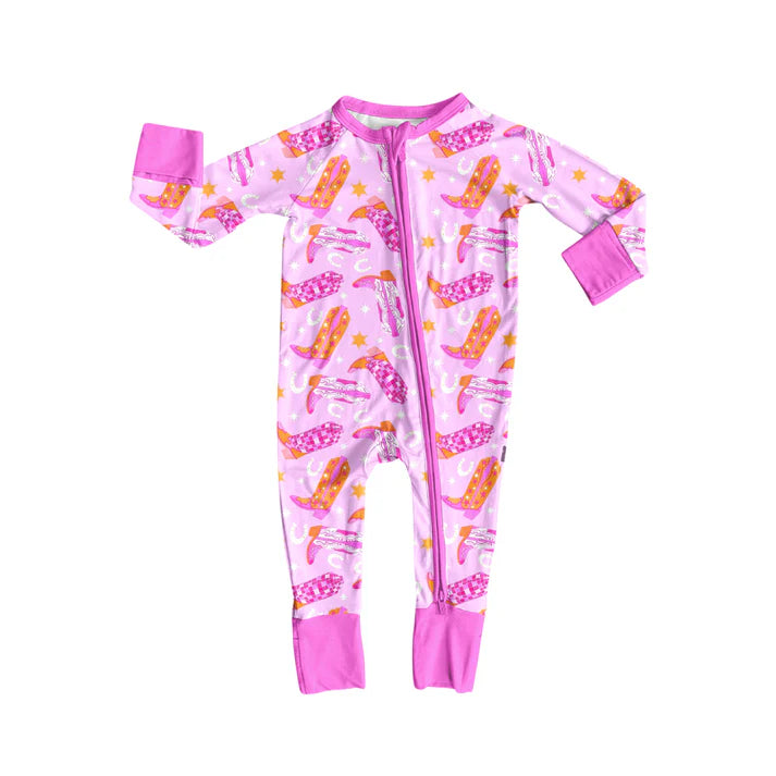 Preorder (moq 5)Baby Girls Long Sleeves Pink Boots Stars Plaid Zipper Romper 7.5
