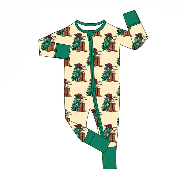 Preorder (moq 8)Baby Boys Merry Christmas Trees Boots Checked Zipper Footie Rompers 9.16
