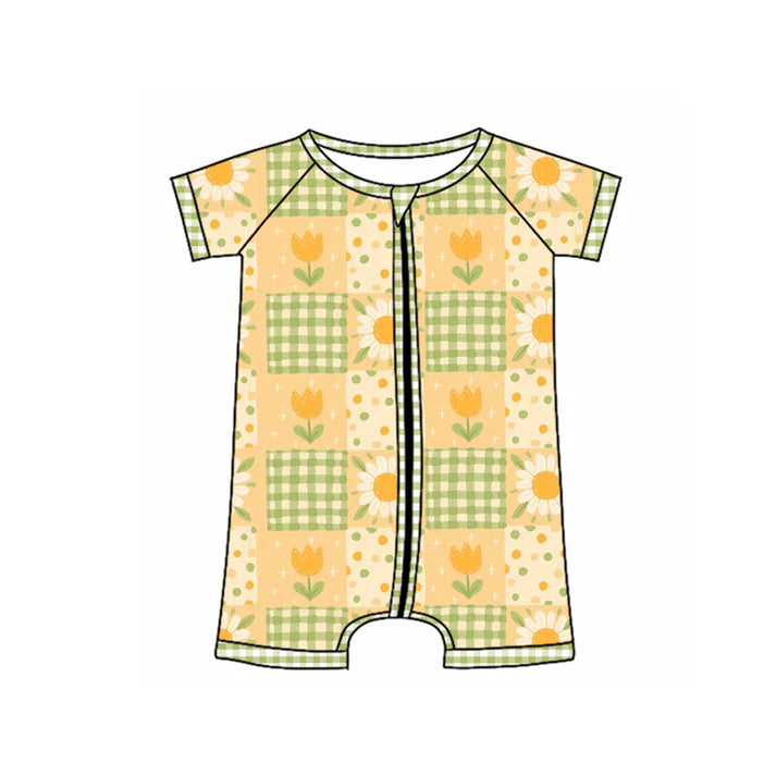 Preorder (moq 5)Baby Boys Yellow Short Sleeves Daisy Flowers Plaid Zipper Rompers 4.26