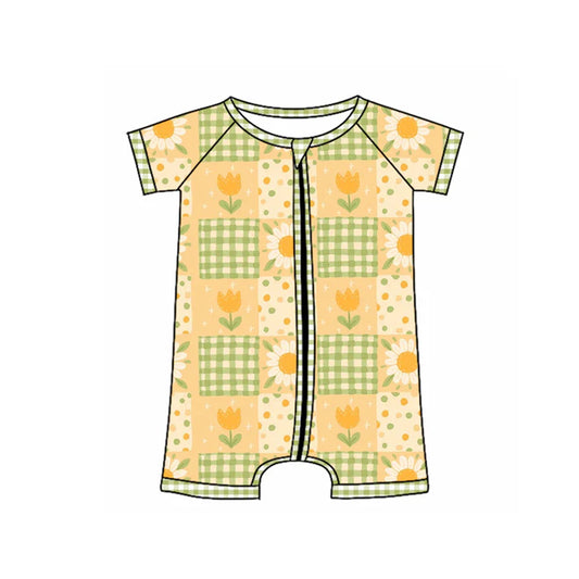 Preorder (moq 5)Baby Boys Yellow Short Sleeves Daisy Flowers Plaid Zipper Rompers 5.14