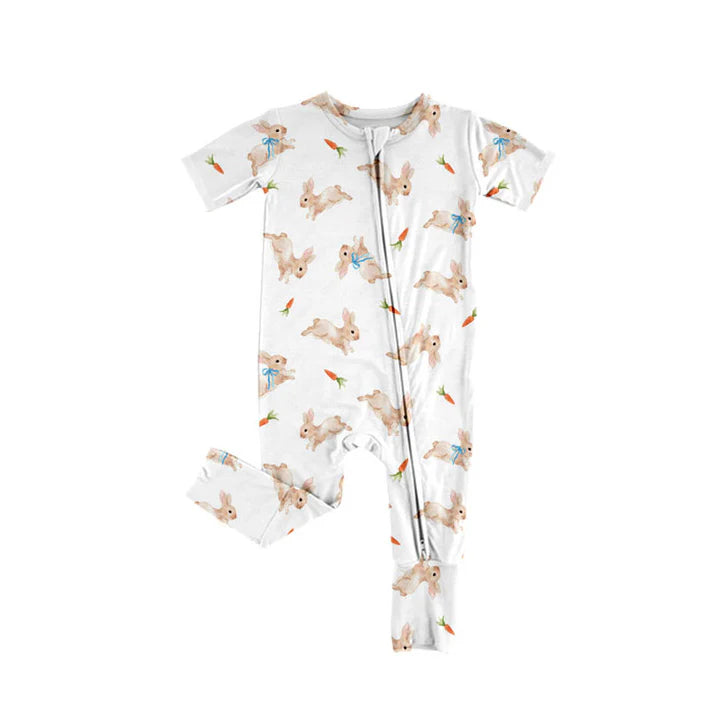 Preorder (moq 5)Baby Boys Rabbits Carrots Easter Zipper Footie Rompers 10.14