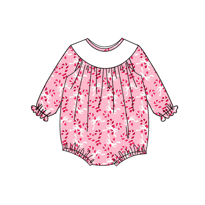 Preorder (moq 5)Baby Girls Long Sleeves Pink Bows Candy Cane Plaid Ruffle Romper 7.5