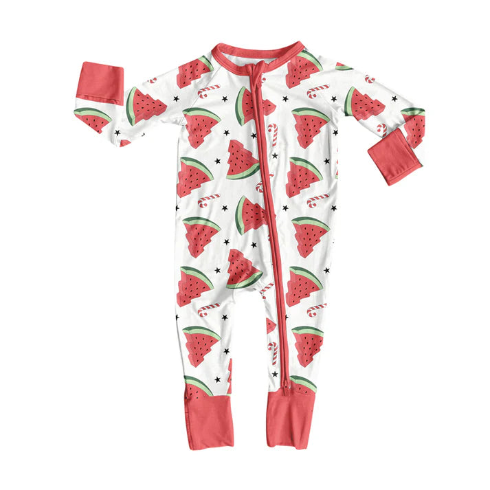 preorder(moq 5)Baby Infant Boys Long Sleeves Watermelon Candy Cane Christmas Zipper Rompers 7.31