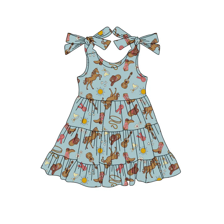 Preorder (moq 5)Baby Girls Blue Strap Boots Guitars Knee Length Dresses 4.24