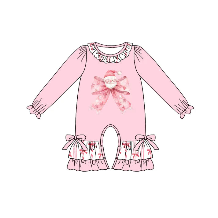 Preorder (moq 5)Baby Girls Pink Long Sleeves Bow Santa Ruffle Pant Rompers 6.13