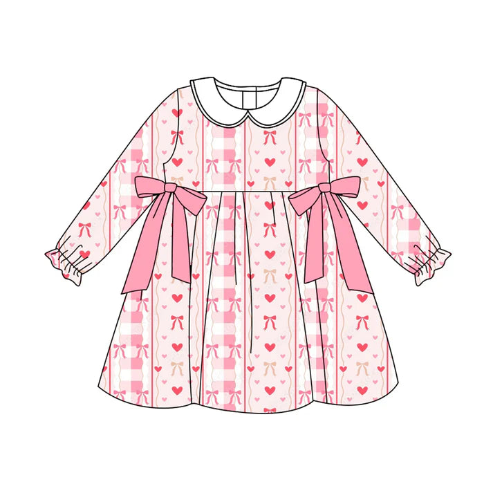 Preorder (moq 5)Baby Girls Long Ruffle Sleeves Pink Bows Hearts Stripe Knee Length Dress 7.28