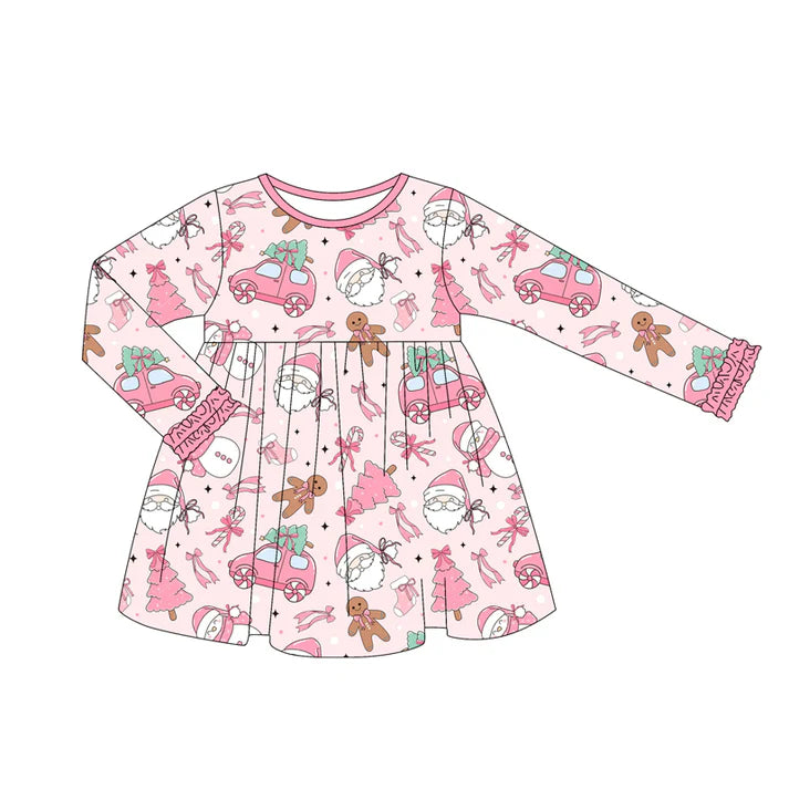 Preorder (moq 5)Baby Girls Pink Long Ruffle Sleeves Santa Cars Trees Knee Length Dresses 6.12