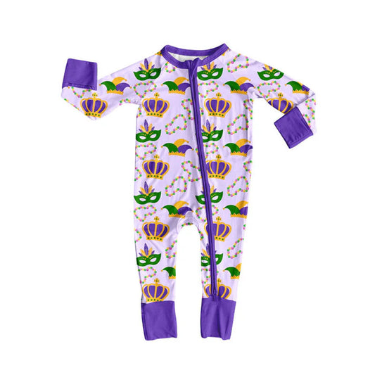 Preorder (moq 5)Baby Girls Mardigras Anchors Masks Zipper Footie Rompers 10.10