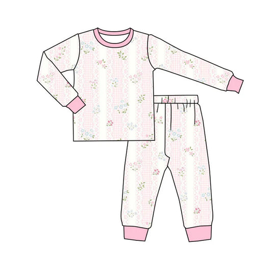 Preorder(moq 5) Baby Girls Long Sleeve Hearts Flowers Stripe Top Pants Pajamas Sets 11.4