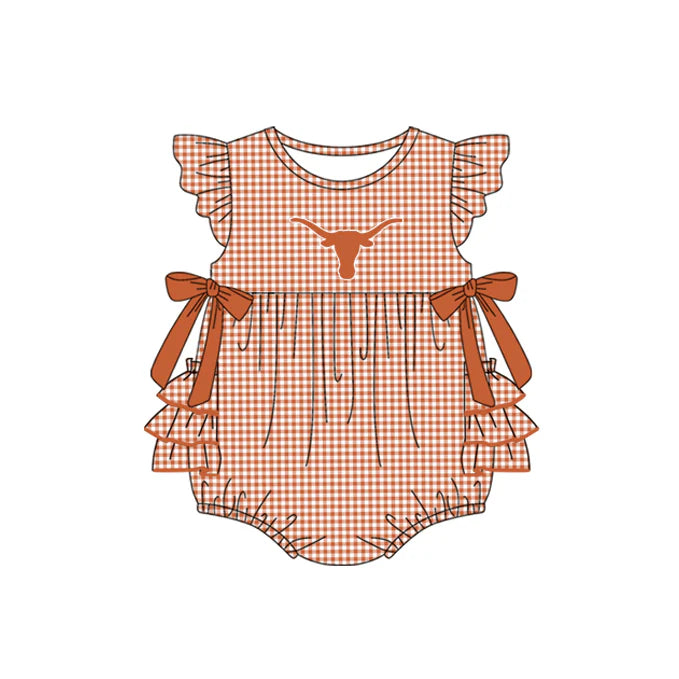 Preorder moq 5 Baby Girls Red Plaid Flutter Sleeves Bows Bull Skull Team Rompers 7.10
