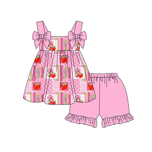 Preorder (moq 5)Baby Strawberry Girls Bows Checked Strap Tunic Ruffle Shorts Clothes Sets 11.19