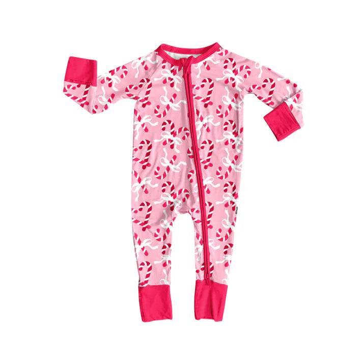 Preorder (moq 5)Baby Girls Long Sleeves Pink Bows Candy Cane Plaid Zipper Romper 7.5