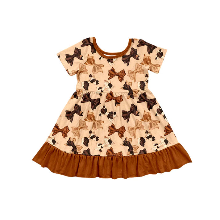 Preorder (moq 5)Baby Girls Cow Print Bows Plaid Western Ruffle Knee Length Dresses 12.2