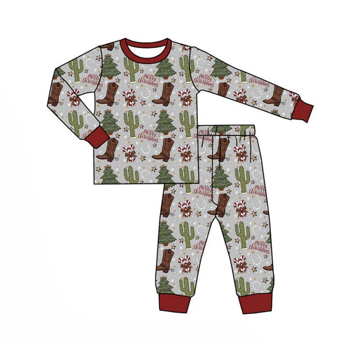Preorder (moq 8)Baby Boys Boots Cactus Candy Cane Top Pants Merry Christmas Pajamas Sets 9.15