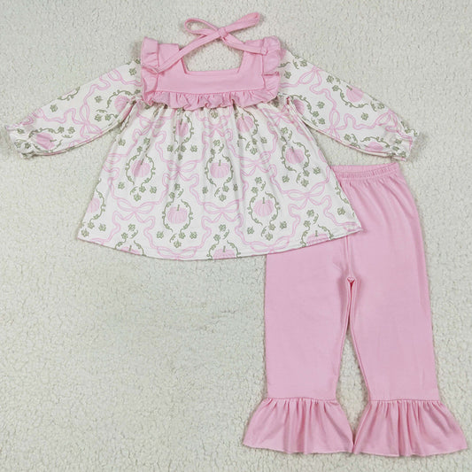 Baby Girls Clothes Fall Halloween Pumpkins Bows Plaid Tunic Pink Ruffle Pant Sets GLP2397 6.25