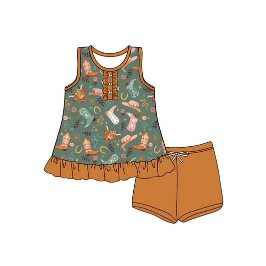 Preorder (moq 5)Baby Girls Brown Sleeveless Button Highland Cows Boots Tunic Short Set 5.13