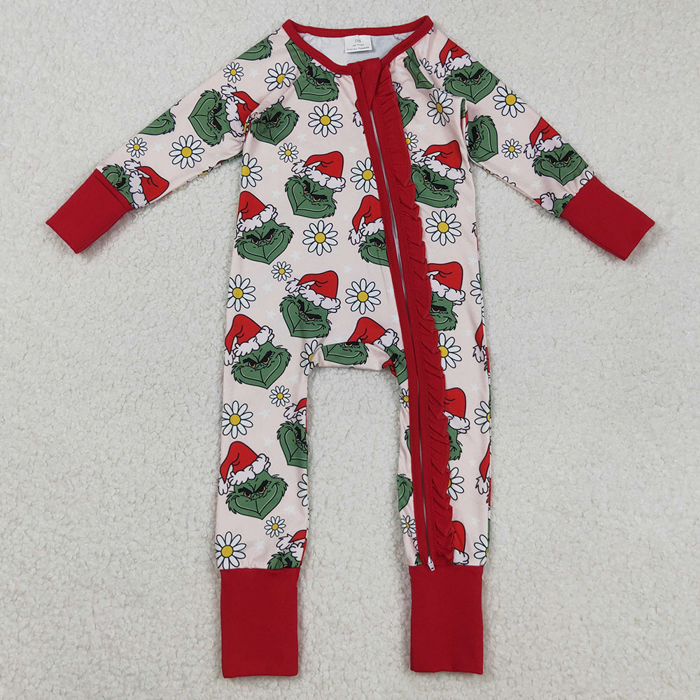 Baby Girls Rompers Green Face Flowers Ruffle Zipper Christmas Rompers LR2489 9.2