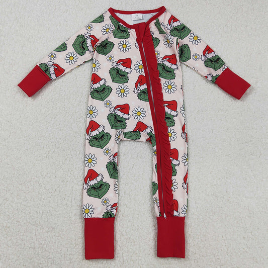 Baby Girls Rompers Green Face Flowers Ruffle Zipper Christmas Rompers LR2489 9.2