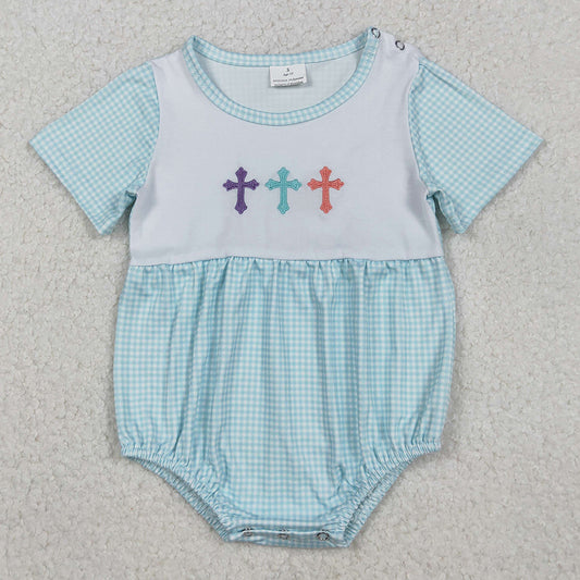 Baby Boys Rompers Embroidery Crosses Blue Checked Short Sleeve Easter Rompers SR3215 11.6