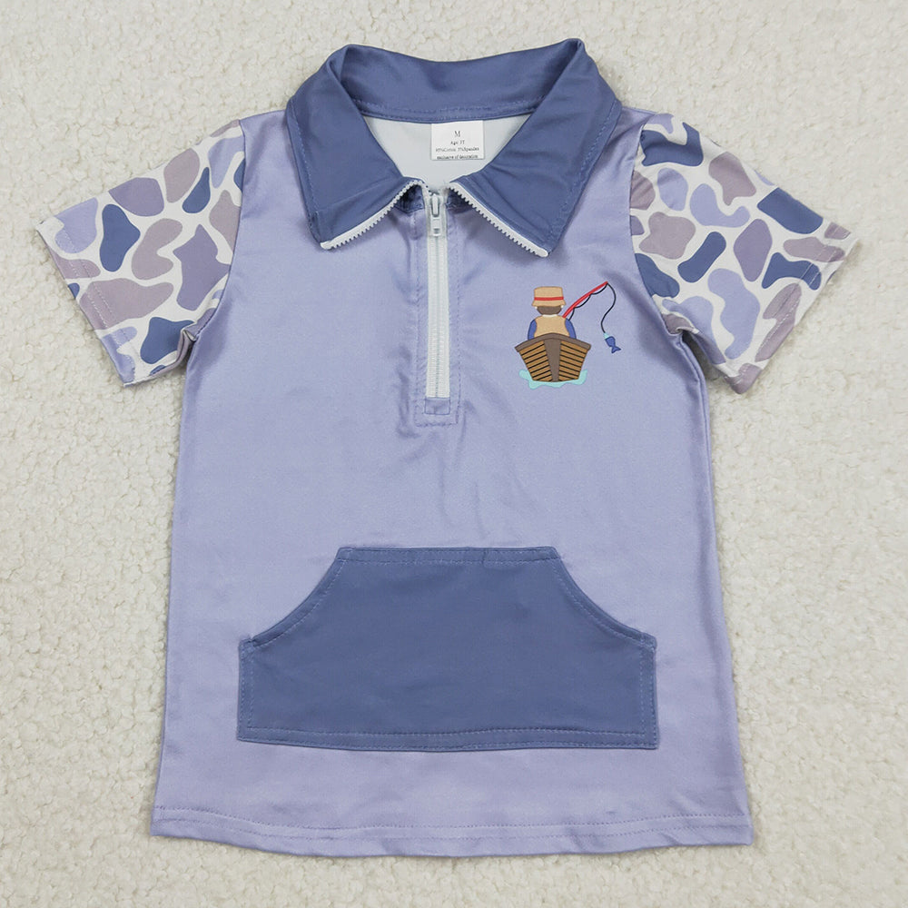 Baby Boys Clothes Blue Camo Short Sleeve Fishing Zipper Pockets Hunting Pullovers Top BT1533 1.1