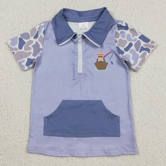 Baby Boys Clothes Blue Camo Short Sleeve Fishing Zipper Pockets Hunting Pullovers Top BT1533 1.1