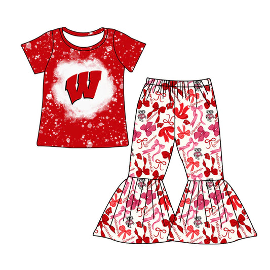 Preorder MOQ 5 bleached red W top bow pants girls team clothes 8.25